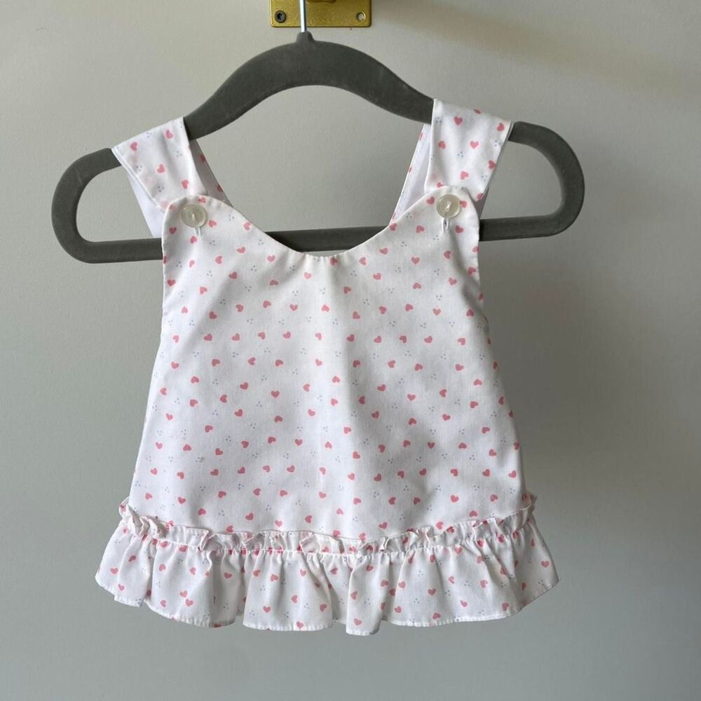VTG Baby Girl 9m White & Pink Open Back Pinafore Hearts Cottage Valentine’s Day